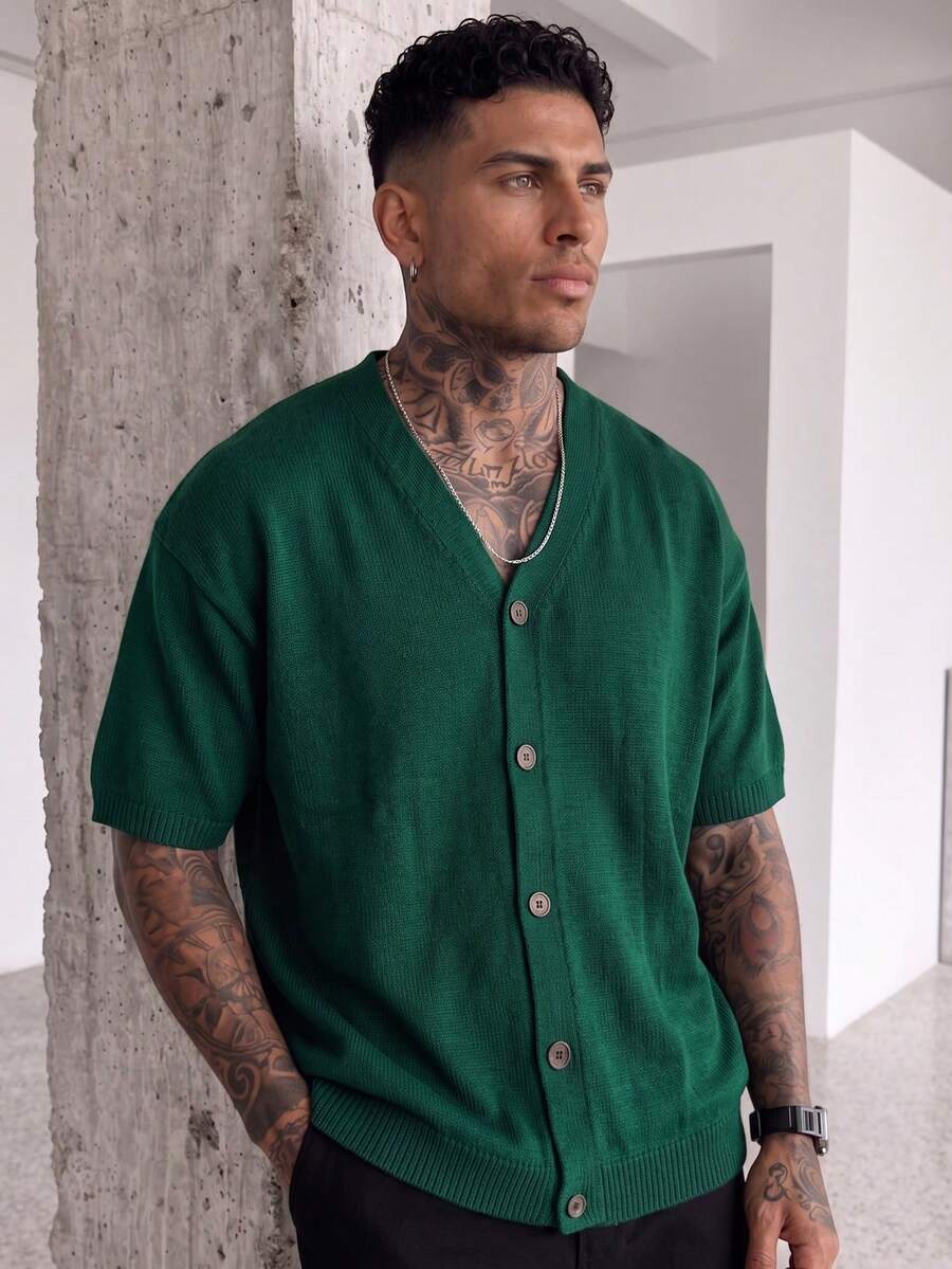 Men's Casual Loose Solid Color Knit Cardigan, Elegant Texture Slouchy High Street V-Neck Button Front Short Sleeve Sweater Jacket, Spring/Summer - Green - View 1
