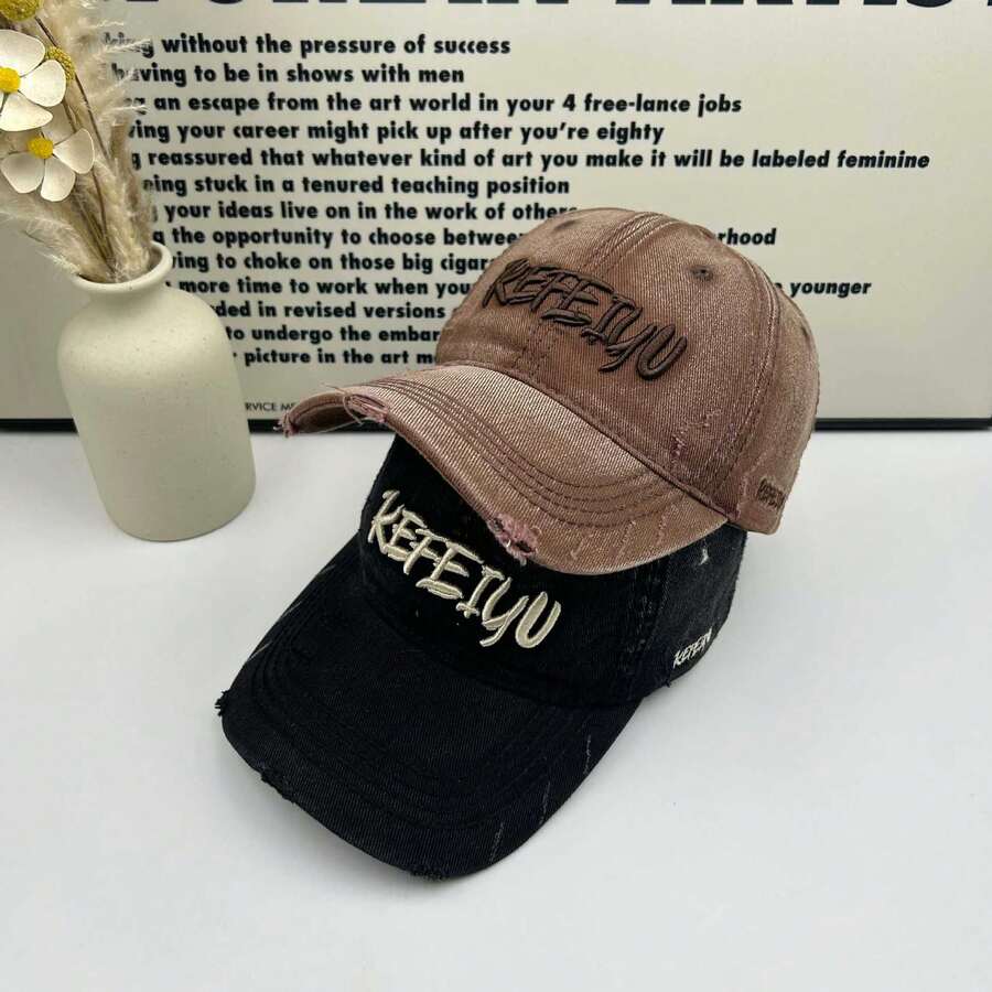 1pc Letter Street Polyester Embroidered Decor American Heavy Embroidery Distressed Baseball Cap Spring Summer New Sun Protection Outdoor Casual Washed Vintage Duck Bill Hat Spring Summer Autumn Winter - A - View 1