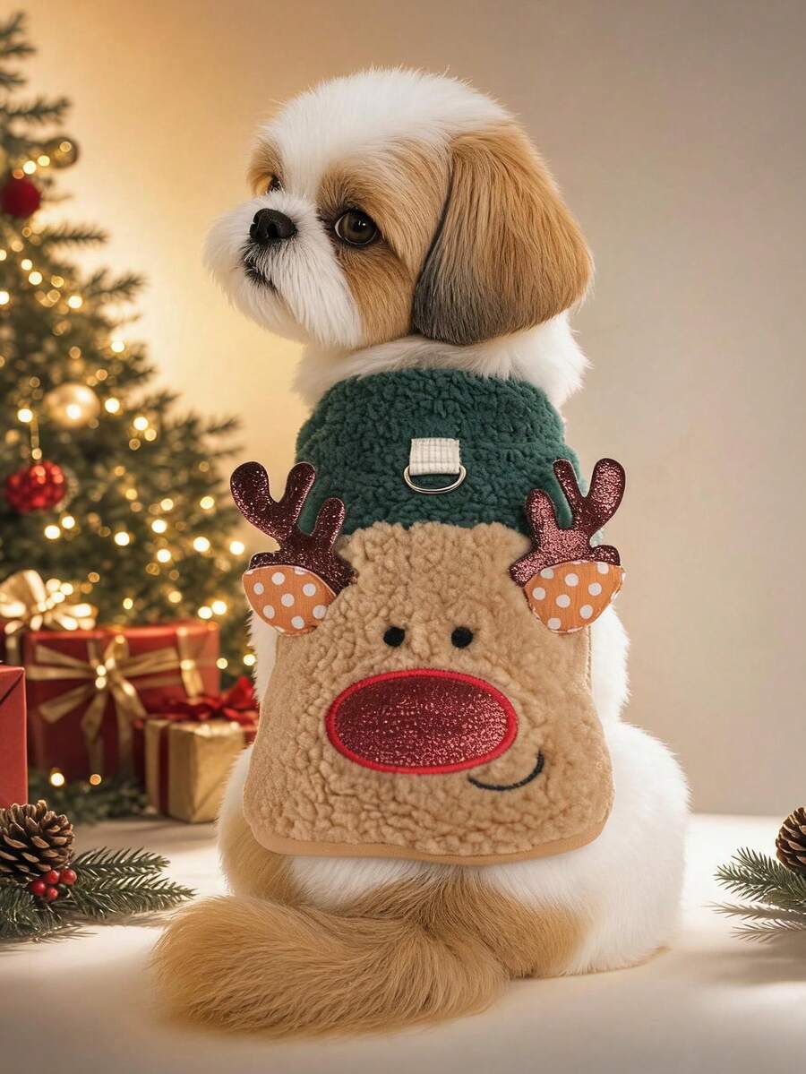 PETCIRCLE 1PC Pet Clothes Small Dog Puppy Cat Cute Pet Autumn/Winter New Holiday Party Atmosphere Style Plush Christmas Reindeer Colorblock Vest - Multicolor - View 1