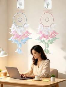 1pc Girls Dream Catcher, Butterfly Center, Pink And White Mixed Feathers And Transparent Beads, Bedroom Pink Decoration, With Decorative Box And White Raffia - Multicolor - View 11