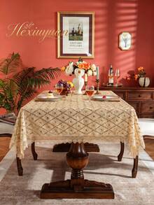 HXARTMIS 1 pieza Mantel rectangular con patrón geométrico bordado con lentejuelas doradas, elegante cubierta de mesa rectangular bordada con borde de encaje festoneado, mantel a prueba de polvo de estilo vintage adecuado para comedor, cocina, fiesta de boda y decoración del hogar - Marrón - Ver 12