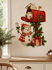 1pc Christmas Snowman & Mailbox Wall Sticker, Cute Snowman With Letters Holly & Gift Box Wall Decal, Self-Adhesive Removable Waterproof PVC Peel And Stick Wall Decor For Living Room Bedroom Entryway, Holiday Home Decoration - Christmas Snowman Mailbox Theme - View 9