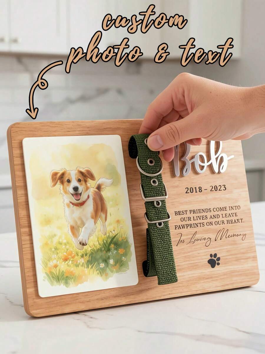Personalized Custom Pet Memorial Plaque With Photo & Collar Clip, Engraved Name/Life Years/Quote, Wooden Base, Photo Slot, Collar Holder – Perfect For Home Decoration, Keepsake Gift For Pet Lovers (Dog/Cat Owners) - Brown - View 1