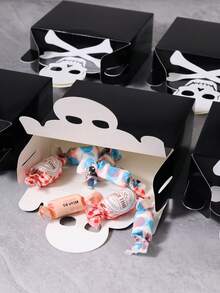 2/4/6/8/16pcs Halloween Paper Gift Boxes, Black Skull Pattern Rectangular Candy Boxes With Handles, Candy Cookie Snack Packaging Boxes, Suitable For Halloween Party Favors, Trick Or Treat Candy Bags - Multicolor - View 5