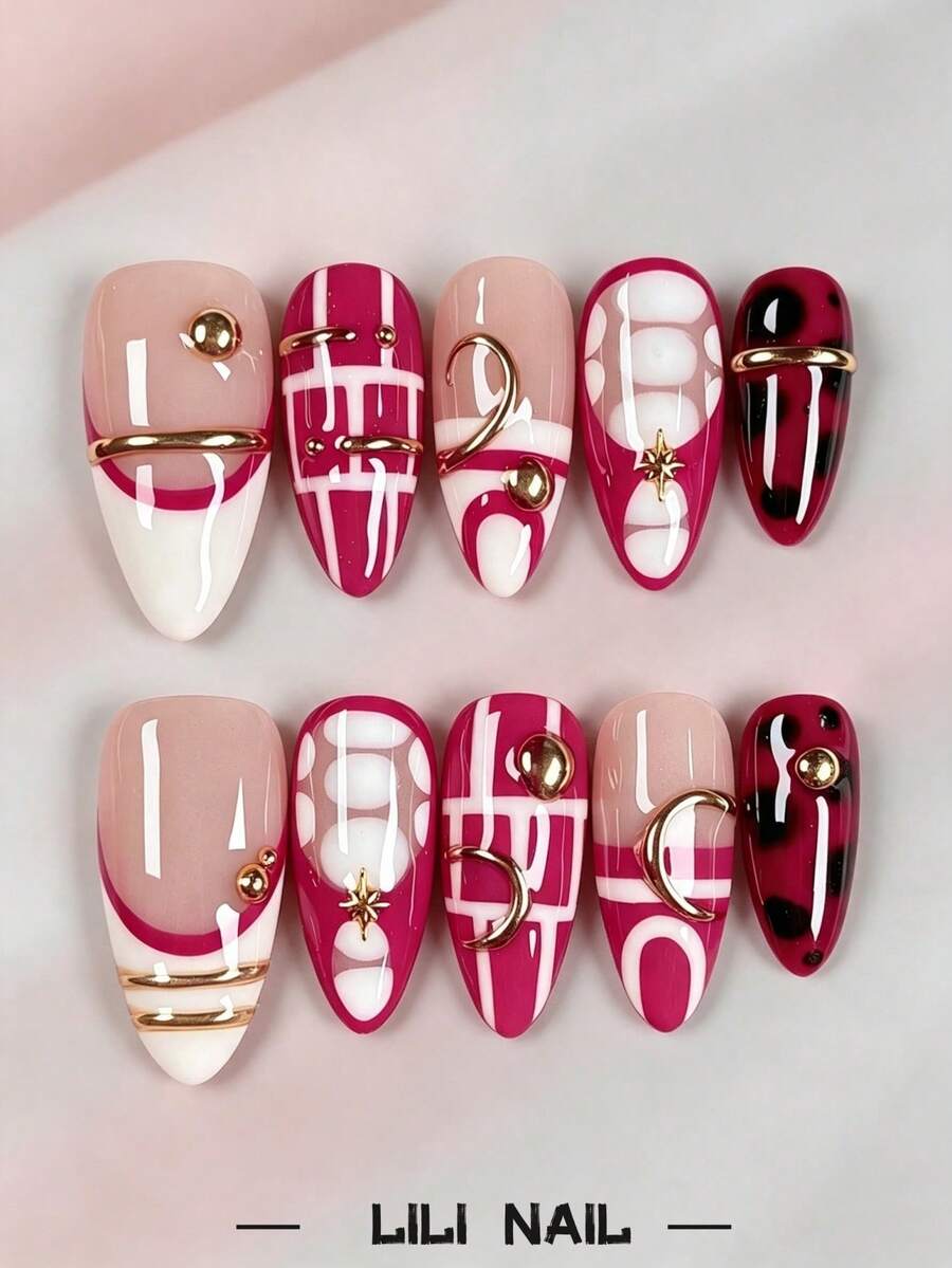 10pcs Handmade Press-On Nails, Almond Shape, Red, Pink, Checkerboard, Metallic, Rhinestone Decorated, Cute Nail Art, Reusable Nail Set With Nail Tools, Suitable For Daily Commute, Party And Office