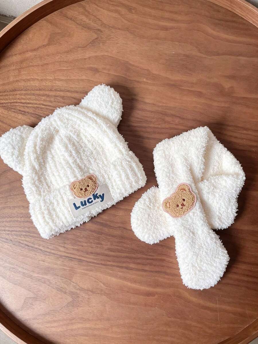 1 Set 3D Bear Ears Lucky Label Decor High Elastic Thickened Coral Fleece Warm Windproof Ear & Neck Protection Cute Cartoon Children's Hat & Scarf Set, Winter Daily Wear, Holiday Gift