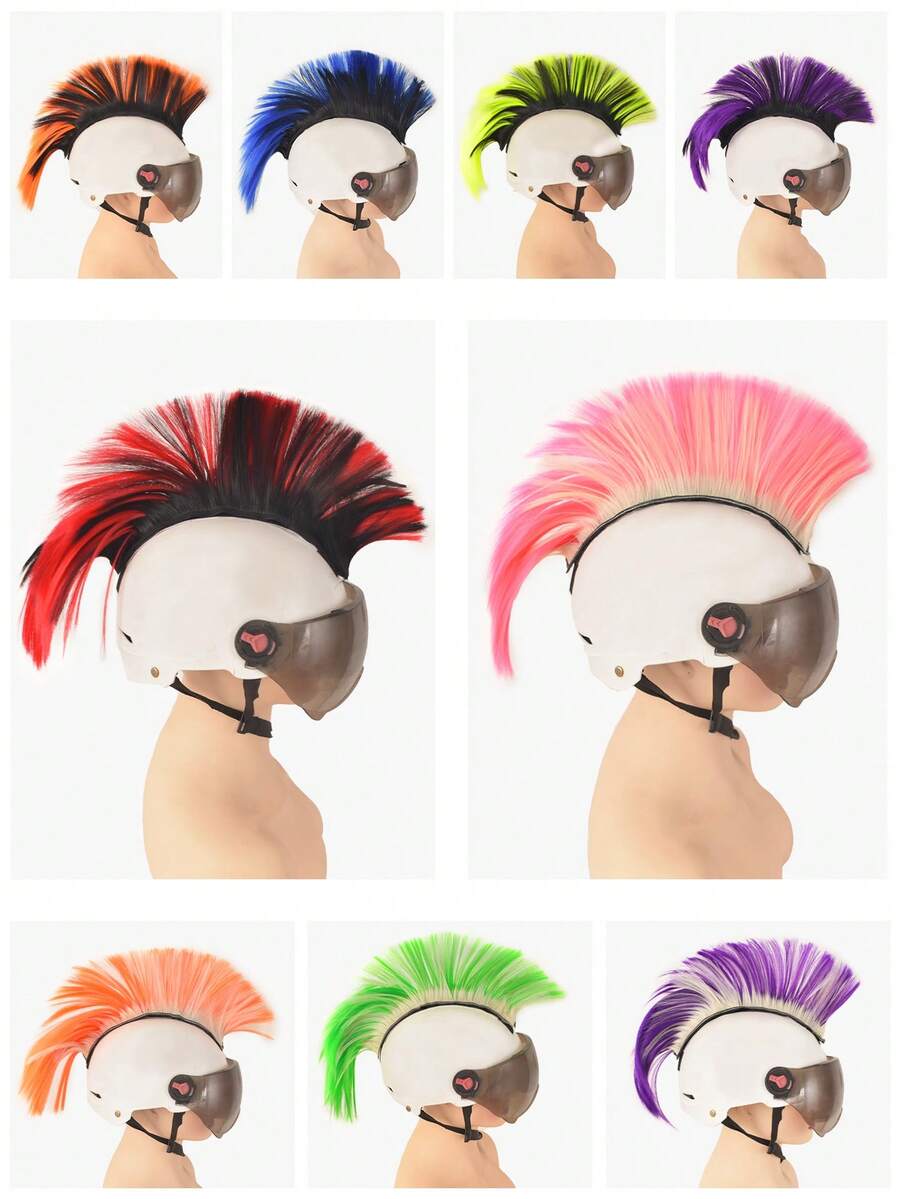 Punk Style Helmet Wig Only, No Helmet, Two‑Tone Spliced Synthetic Hair Decoration, Multi‑Colors, Cool Spiky Hairpiece For Motorcycle Helmet, Halloween, Party & Cosplay. - Multicolor - View 1