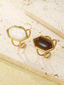 2pcs Stainless Steel Vintage Hexagonal Tiger Eye Stone, White Shell Natural Stone Open Rings 18K Gold Plated Stainless Steel Double Ring Design Women's Personalized Daily Party Decorative Finger Rings, Adjustable Size - Yellow Gold - View 2