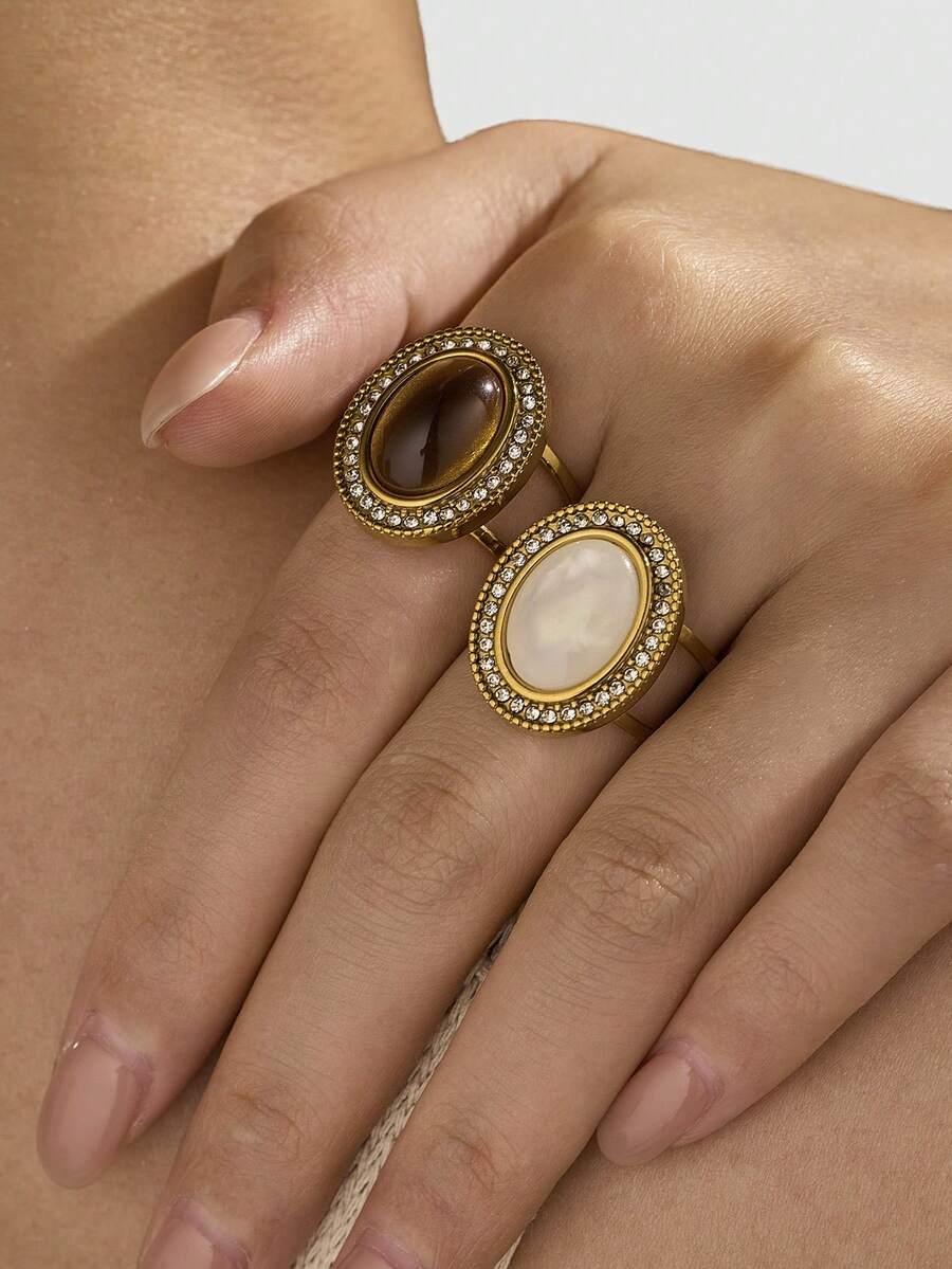 2pcs Stainless Steel Vintage Large Oval Mother Of Pearl Tiger Eye Stone Rings For Women, Rhinestone Embellished Luxury High-End 18K Gold Plated Open Adjustable Finger Rings, Niche Design Elegant Stackable Decorative Rings - Yellow Gold - View 1