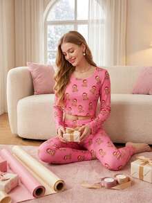 Women's Christmas Bear Faux Cashmere Set, Pink Base With Brown & Red Contrast Print, Long Sleeve & Long Pants 2 Pieces Loungewear - Multicolor - View 2