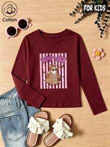 Halloween Girls Cotton Raglan Long Sleeve Tee, Cartoon Leopard Print Top, Cute Sweet Preppy Style - Maroon - View 1