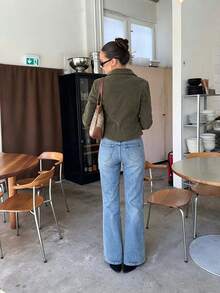 Women Fall Elegant Casual Vintage Green Collared Zip Up Long Sleeve Short Jacket For Office Work Daily Going Out - Army Green - View 4