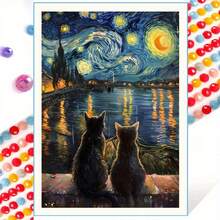 | 5D DIY Diamond Painting | Re-Creation Art Rhinestone Full Mosaic Craft Set. Van Gogh Style "Starry Night Cat" High Definition Art Diamond Painting. Gift Diamond Painting, Focus And Relax Your Mind Through DIY. - round diamond - View 2