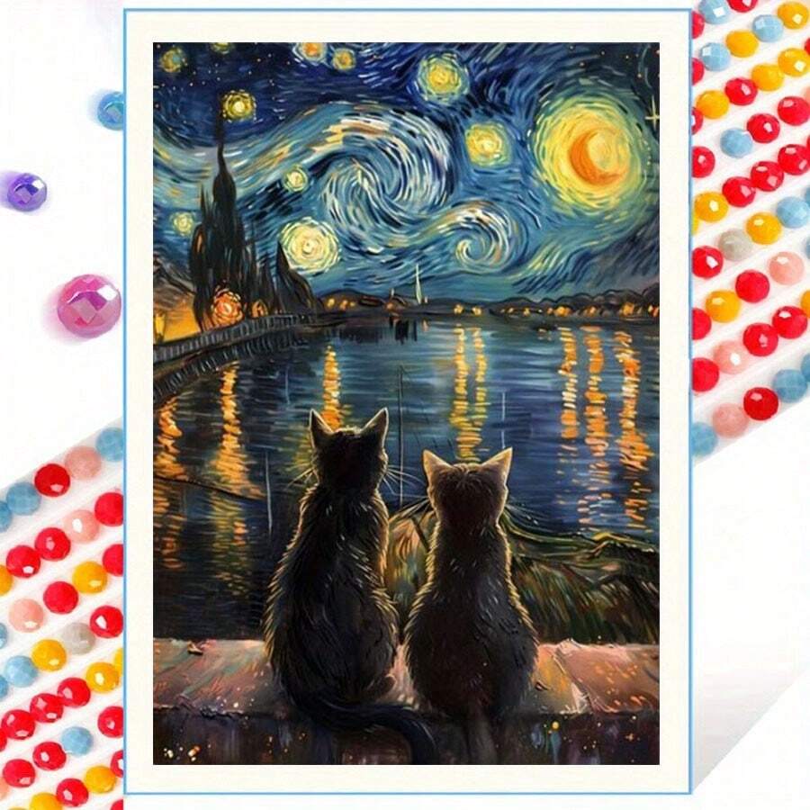 | 5D DIY Diamond Painting | Re-Creation Art Rhinestone Full Mosaic Craft Set. Van Gogh Style "Starry Night Cat" High Definition Art Diamond Painting. Gift Diamond Painting, Focus And Relax Your Mind Through DIY.
