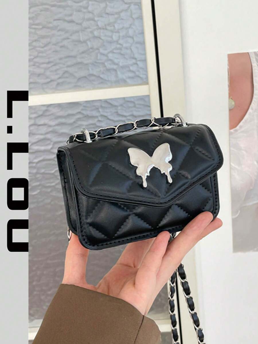Fashionable Bow Element Shoulder Bag, Minimalist Versatile Sweet Small Square Bag With Quilted Design And Chain Crossbody Strap