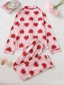Setelan Piyama Wanita Motif Garis-Garis dan Hati, 2 Potong, Atasan Lengan Panjang dengan Kerah dan Celana Panjang Pinggang Elastis, Pakaian Santai yang Lembut - Merah - View 2