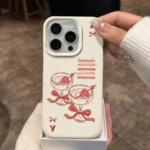 1pc TPU Material Sweet Poker Strawberry Cocktail Bow Pattern Phone Case Compatible With IPhone 17 Pro Max/17/16 Pro Max/15/13/12/11/ S20 FE/A15/S24/A55/ Note 11/Note 12/Note 13 Pro Full Coverage Anti-Drop Soft Shell Protective Cover - White - View 3