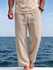 Men's Long Pants Elastic Waist Drawstring Casual Pants Beach Sand Beach Men's Spring Summer Thin Breathable Striped Loose Drape Lazy Wide Leg Pants - Light Grey - View 3