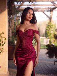 ADYCE Elegant Cold Shoulder Waisted Backless Bodycon Sequin Tie-Back Embroidered High-Slit Prom Gown Homecoming Wedding Guest Formal Dinner Birthday Fall - Burgundy - View 5