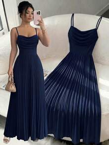 Vestido elegante y romántico para invitadas de boda, damas de honor y reuniones, con tirantes de espagueti, cintura plisada y fluido de gasa - Azul - Ver 1