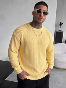 Men's Autumn/Winter Basic Solid Color Casual Fitted Lightweight Sheer Polyester Pique Texture Niche Design Long Sleeve Drop Shoulder Crew Neck Pullover Sweater - Pale Yellow - View 1
