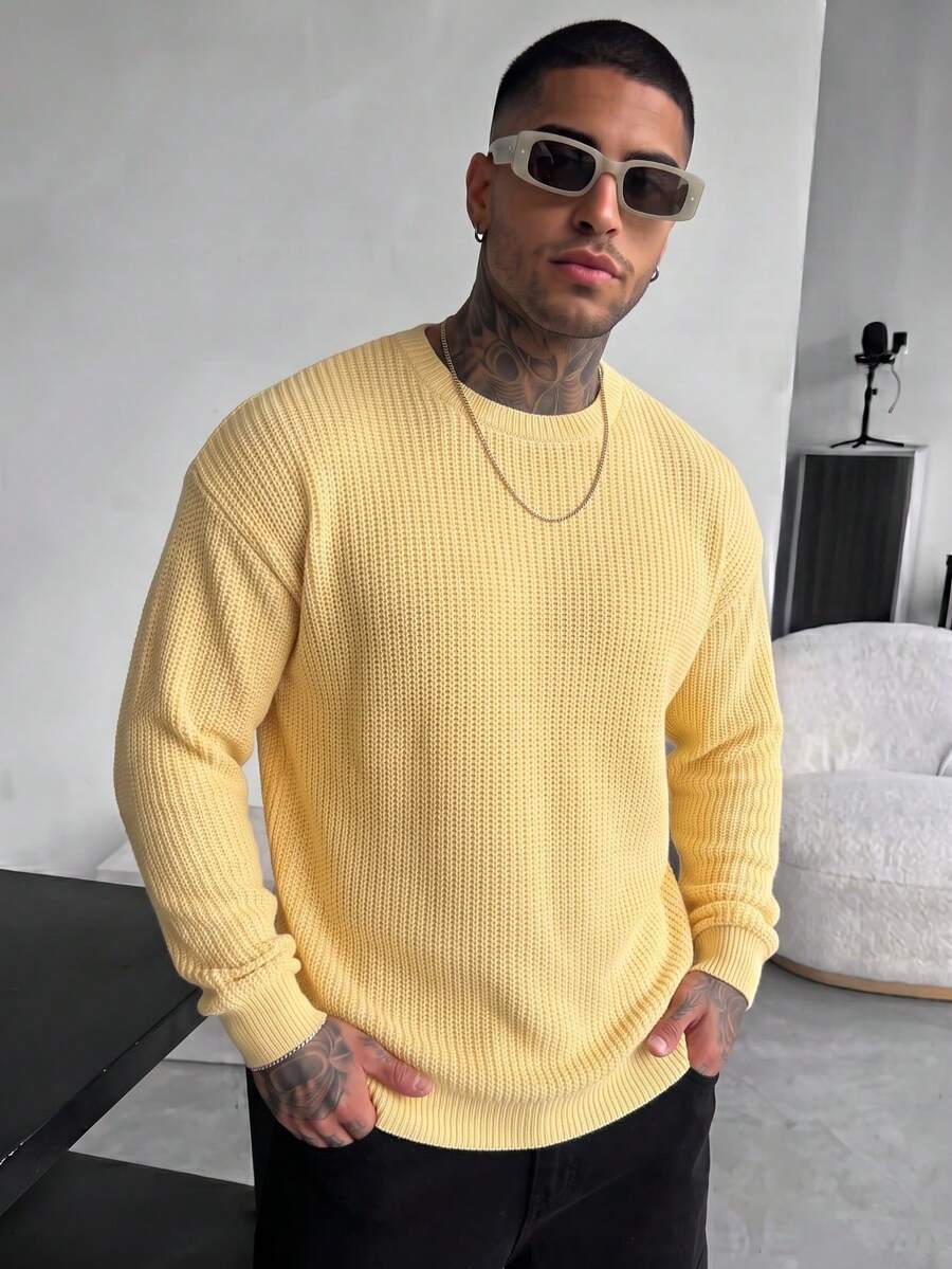 Men's Autumn/Winter Basic Solid Color Casual Fitted Lightweight Sheer Polyester Pique Texture Niche Design Long Sleeve Drop Shoulder Crew Neck Pullover Sweater - Pale Yellow - View 1
