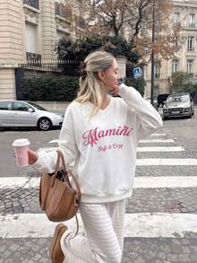 White V-Neck Cute Letter Graphic Sweatshirt For Women, Loose Drop Shoulder Slouchy Pullover Top, Versatile Casual Sweatshirt For Autumn Back To School, Commute, Date - White - View 3