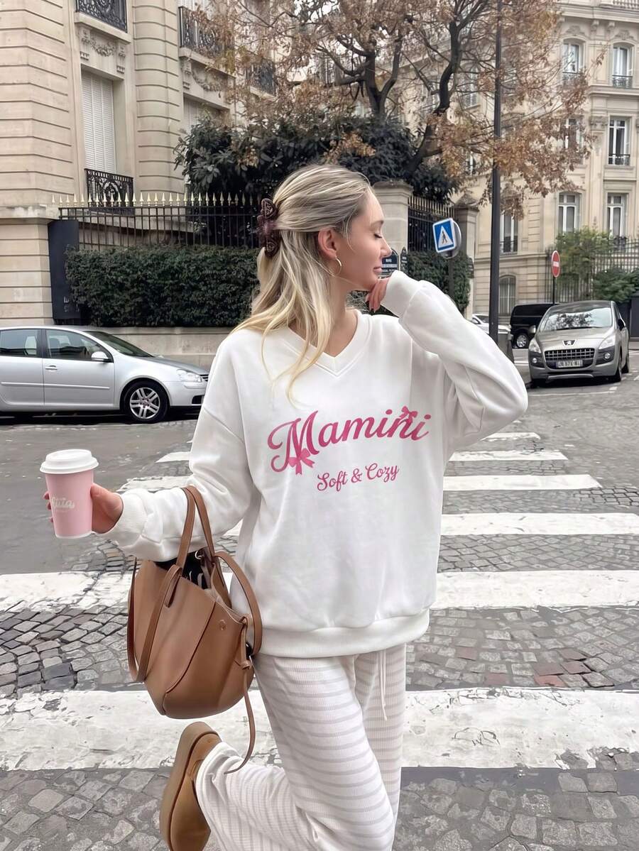 White V-Neck Cute Letter Graphic Sweatshirt For Women, Loose Drop Shoulder Slouchy Pullover Top, Versatile Casual Sweatshirt For Autumn Back To School, Commute, Date - White - View 1
