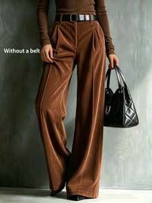 Women's Fashion Casual Solid Color High Waist Wide Leg Pants [No Belt] - Brown - View 5