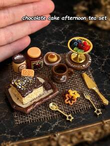 Miniature Chocolate Cake Model Afternoon Tea Decor Set, Model House Accessories Coffee Dessert Fruit Plate And Tableware Model Dollhouse Restaurant Scene Decoration - one-size - View 6