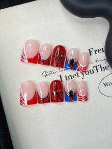 10pcs/Set Y2K Nails Handmade, Cute Nails, Pink Nails, Red Nails, Black Spider Nails & Black Spider Web Nails, Perfect For Parties & Daily Wear. Short Square Nails. Handmade Press On Nails Square, Fake Nails, Acrylic Nails, Short Nails, Handmade Nails - Multicolor - View 1