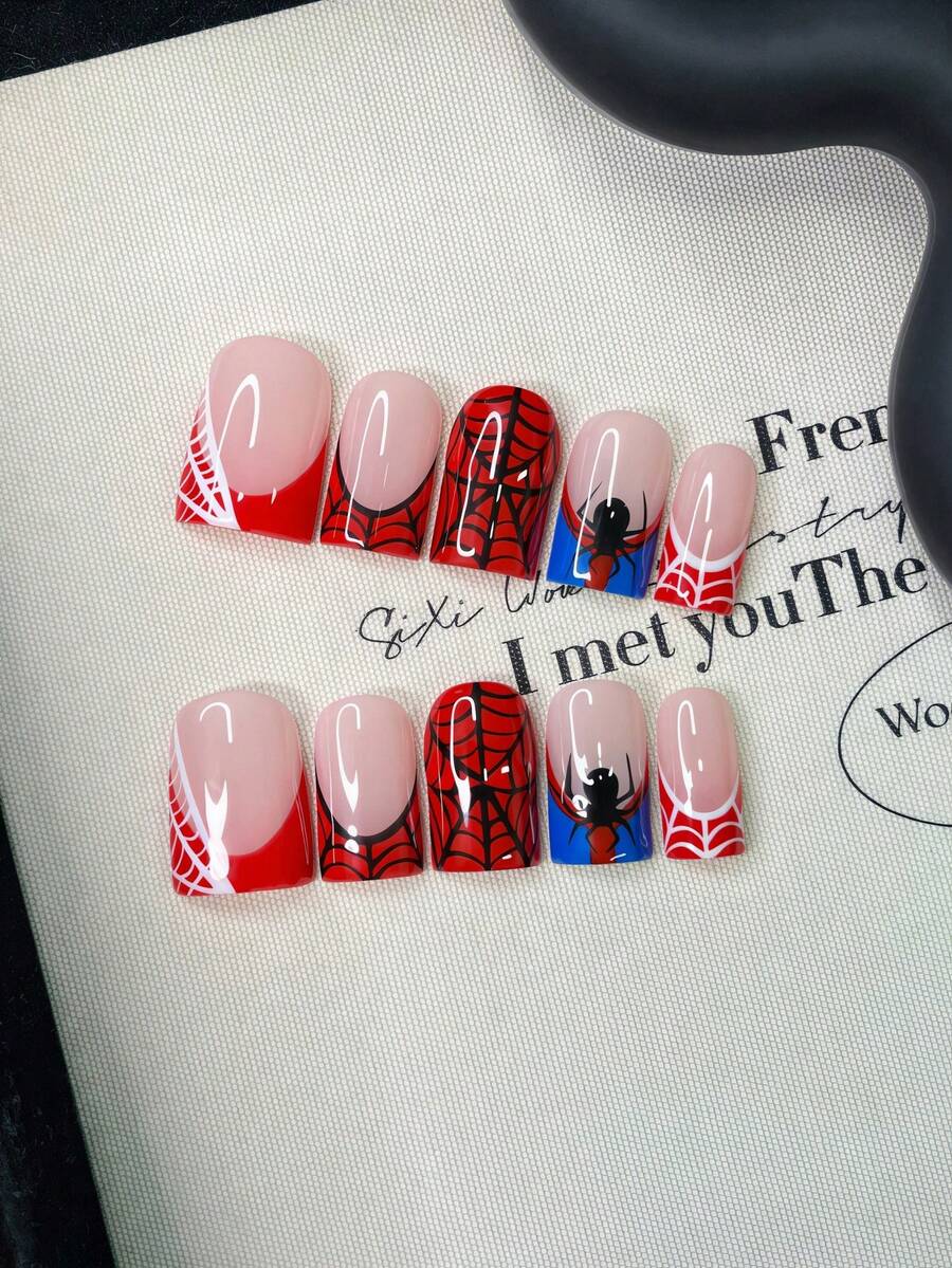 10pcs/Set Y2K Nails Handmade, Cute Nails, Pink Nails, Red Nails, Black Spider Nails & Black Spider Web Nails, Perfect For Parties & Daily Wear. Short Square Nails. Handmade Press On Nails Square, Fake Nails, Acrylic Nails, Short Nails, Handmade Nails - Multicolor - View 1