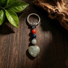 2pcs Handmade Natural Heart-Shaped Jade Stone Keychains, Chinese Vintage Beaded Key Rings, Bohemian Crystal Bag Charms, Lucky Healing Stone Jewelry, Gift For Girls And Women. Each Natural Crystal May Have Slight Color Variation - View 8