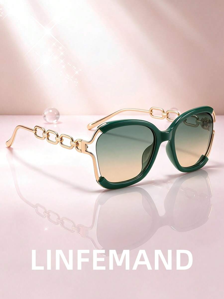 LINFEMAND 半框金屬鏈條眼鏡，大尺寸蝴蝶框裝飾眼鏡，適合女性與度假