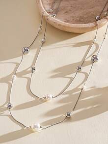 Fashion Faux Pearl Beaded Layered Geometric Necklace. Fashion High-End Sweater Chain. Small And Simple Accessory For Women. - Necklace - View 4