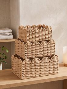 1pc/3pcs(S+M+L) Woven Rattan Storage Basket, Handmade Wavy Edge Organizer Box, Multi-Functional Decorative Tray, Suitable For Cosmetics, Desk, Bathroom, Bedroom, Closet Countertop Organization, Home Decor, Kitchen Clutter Storage, Gift Basket - Khaki - View 2
