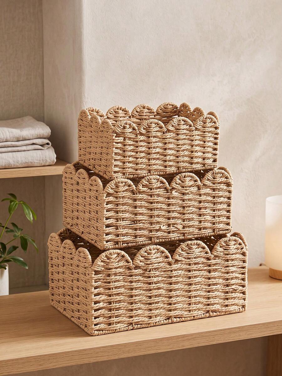 1pc/3pcs(S+M+L) Woven Rattan Storage Basket, Handmade Wavy Edge Organizer Box, Multi-Functional Decorative Tray, Suitable For Cosmetics, Desk, Bathroom, Bedroom, Closet Countertop Organization, Home Decor, Kitchen Clutter Storage, Gift Basket