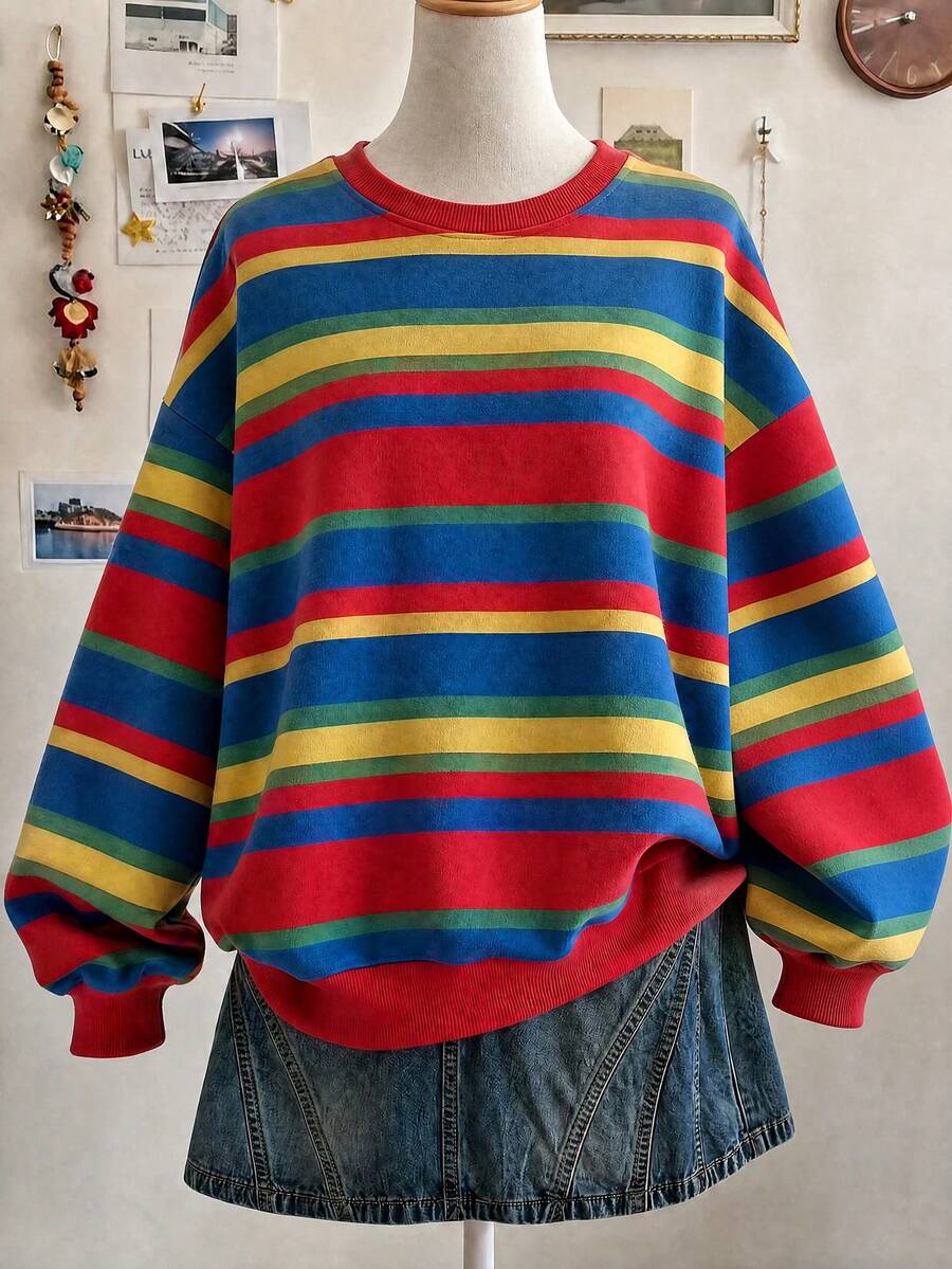 1pc Tween Girl Rainbow 4-Color Horizontal Striped Crew Neck Sweatshirt, Vibrant Contrast Color Loose Fit Unisex Tween Girl Spring Autumn Basic Casual Long Sleeve Top - Red - View 1