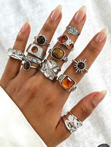 12pcs Boho Vintage Faux Gemstone Women's Rings Set, Suitable For Vacation, Daily Wear And Party - Silver - View 1