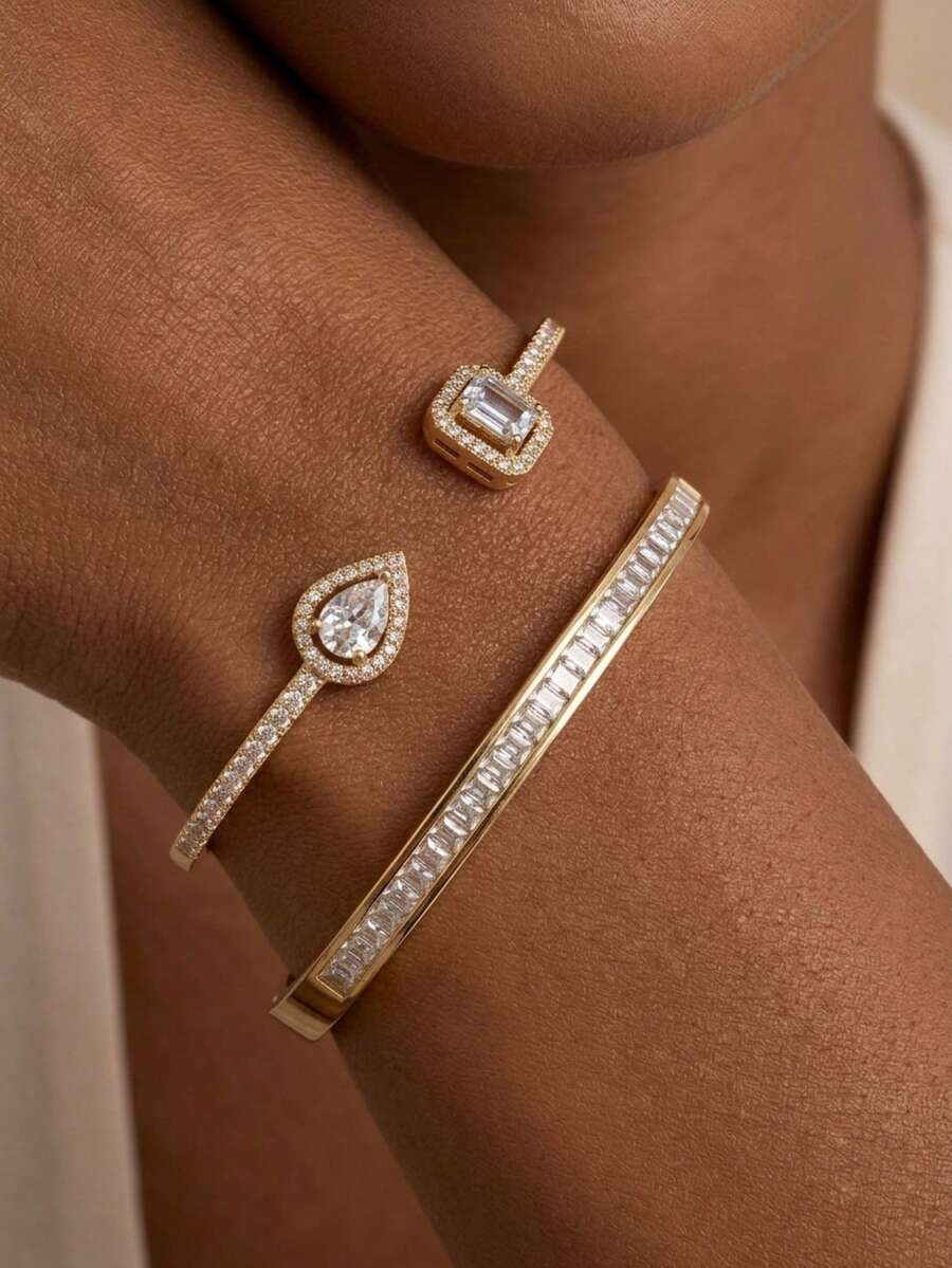 rakol 2Pcs Luxury Cubic Zirconia Teardrop Square Baguette Decor Open Cuff Bracelet Set For Women Daily Party Wear - Rectangular - View 1