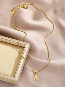 1pc Gold Tone A-Z Initial Letter Pendant Necklace Textured Box Chain Y2K Jewelry For Girls Boys Daily Wear School Party Vacation Style - Gold - View 8