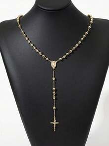 6mm Bead Religious Christian Women Stainless Steel Necklace, Virgin Mary Jesus Cross Pendant, Long Bead Chain, Fashion Jewelry - Gold - View 4