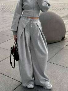 26 Autumn/Winter Women's Solid Color Drawstring Waist Pleated Casual Loose Handsome Versatile Sweatpants - Light Grey - View 2