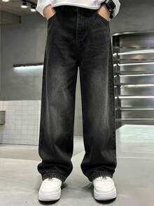 Boys' Casual Loose Straight Washed Denim Jeans - Black - View 1