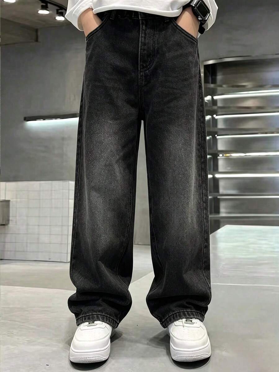 Boys' Casual Loose Straight Washed Denim Jeans - Black - View 1