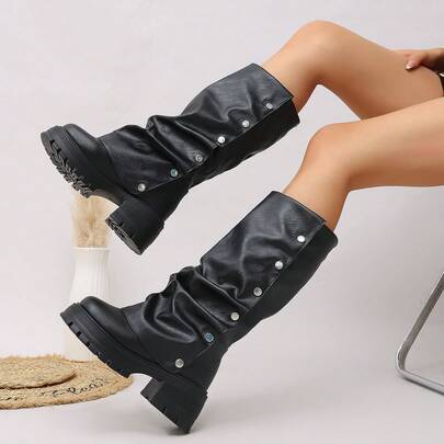 Women's Punk Knee-High Platform Boots, Round Toe With Chunky Heels, Pleated Cuff Button Faux Leather Boots, Stylish Black Tall Boots For All Seasons
