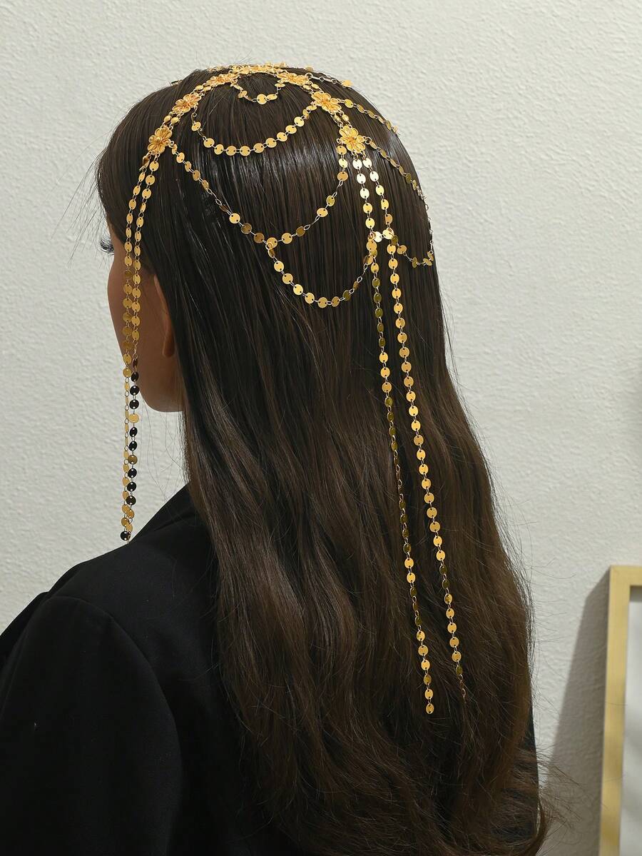 1pc Vintage Arabic Bridal Gold-Plated Multi-Layer Sequin Floral Tassel Head Chain, Women's Wedding Evening Party Costume Accessory - Golden - View 1
