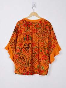 Blusa de mujer talla grande con estampado, mangas con volantes y cuello en V, estampado aleatorio (estampado aleatorio, sin posición fija en la parte delantera y trasera) - Naranja Quemada - Ver 3