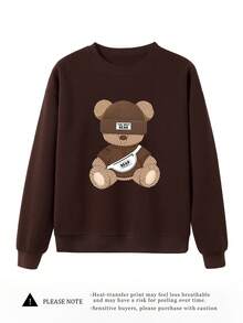 Coffee Brown Thermal Lined Bear Print Crew Neck Sweatshirt For Women, Casual Oversized Long Sleeve Pullover For Winter Fall - Khaki - View 3