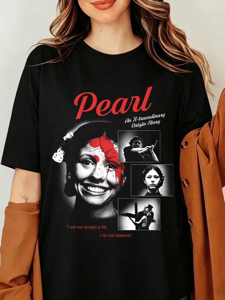 Mia Goth Pearl Movie Vintage Bootleg Graphic T‑Shirt, Slasher Horror Film Aesthetic Tee, Unisex Halloween Cinema Fan Gift Tee - 黑色 - 查看 1